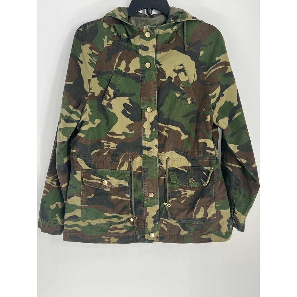 Miss London Black Label Camo Utility Jacket Hooded Woodland Women M Military